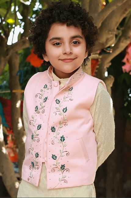 Off White Kurta Set With Embroidered Jacket For Boys - Image 2