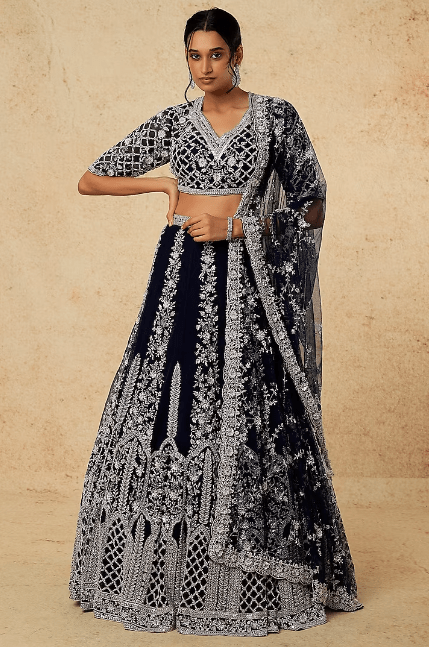 Navy Blue Net Hand Embellished Lehenga Set - Image 2