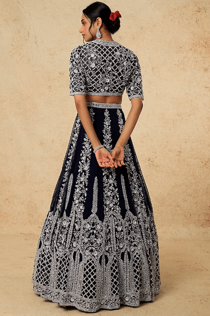 Navy Blue Net Hand Embellished Lehenga Set - Image 3
