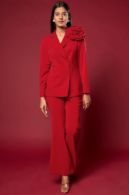 Red Micro Lycra Embroidered Blazer Set
