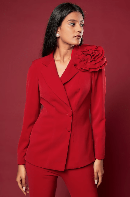 Red Micro Lycra Embroidered Blazer Set - Image 4