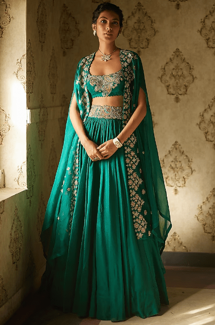 Rama Green Organza Embroidered Cape Set