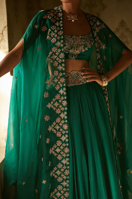 Rama Green Organza Embroidered Cape Set - Image 2