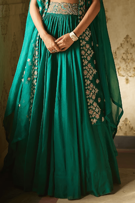 Rama Green Organza Embroidered Cape Set - Image 3