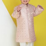 Pink Silk Embroidered Sherwani Set For Boys