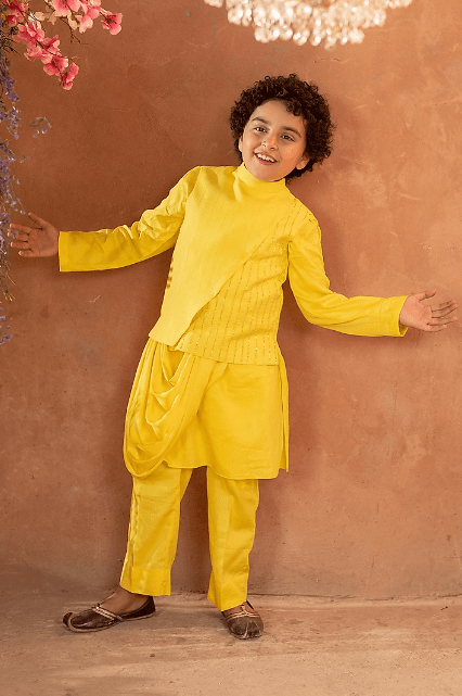 Yellow monochrome kurta with Nehru jacket and matching shoes set – Lagorii  Kids