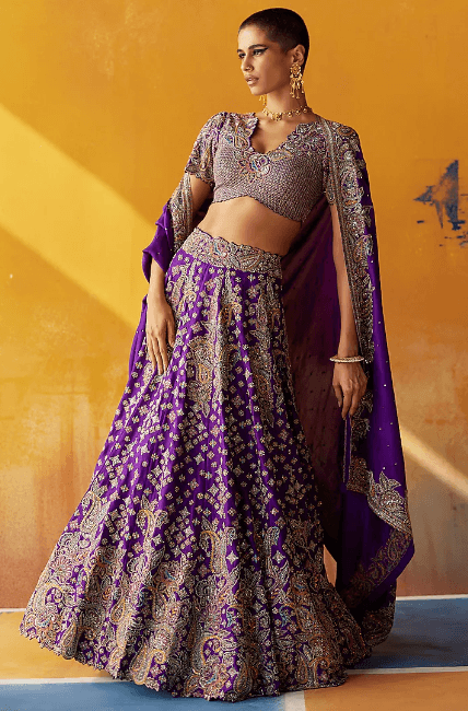 Purple Raw Silk Resham & Zardosi Embroidered Lehenga Set
