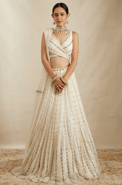 Off-White Net & Crepe Lehenga Set