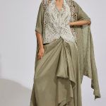 Olive Dupion Embroidered Cape Set