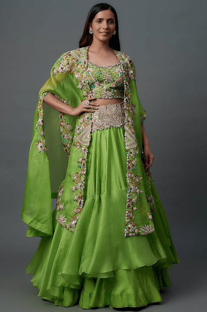 Green Silk & Organza Tiered Skirt Set