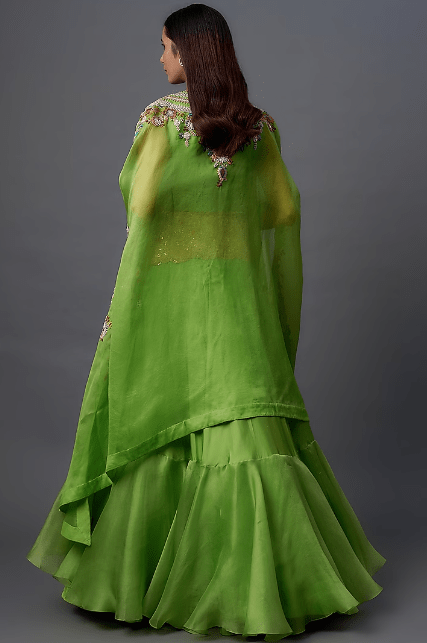 Green Silk & Organza Tiered Skirt Set - Image 3