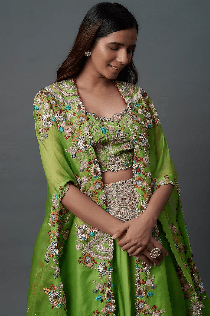 Green Silk & Organza Tiered Skirt Set - Image 2