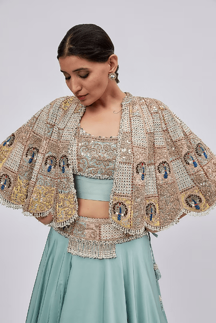 Powder Blue Silk & Organza Embroidered Jacket Lehenga Set - Image 2