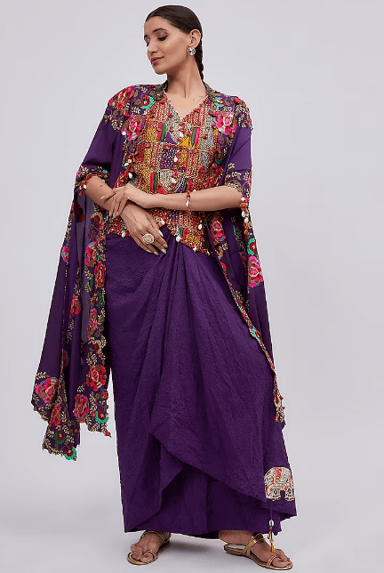 Purple Dupion Embroidered Cape Set