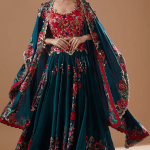 Peacock Blue Chanderi Embroidered Jacket Lehenga Set