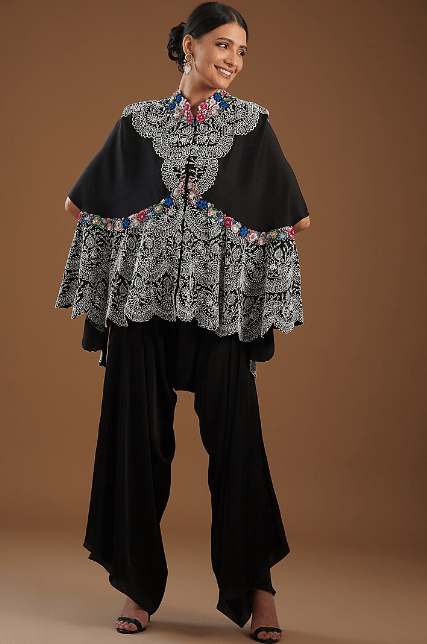 Black Dupion Embroidered Cape Set