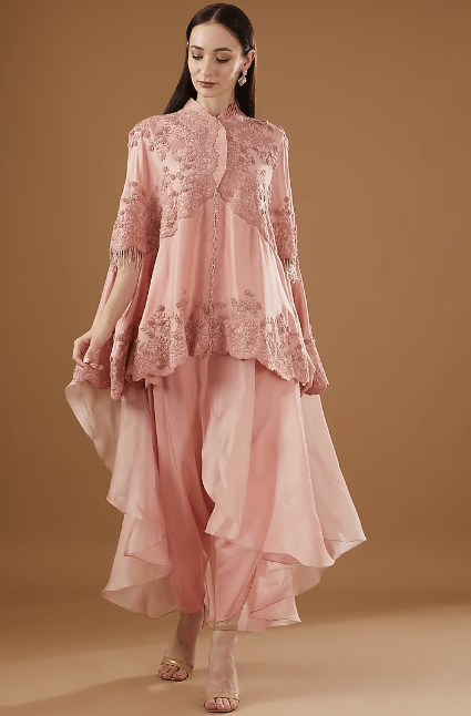 Pink Dupion Embroidered Cape Set