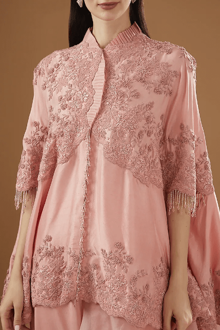 Pink Dupion Embroidered Cape Set - Image 2