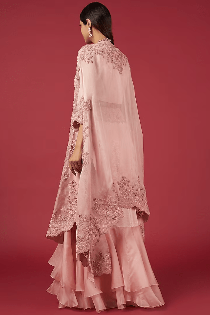 Pink Organza Embroidered Butterfly Cape Set - Image 3