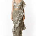 Silver Grey Georgette & Net Bead Embroidered Saree Set