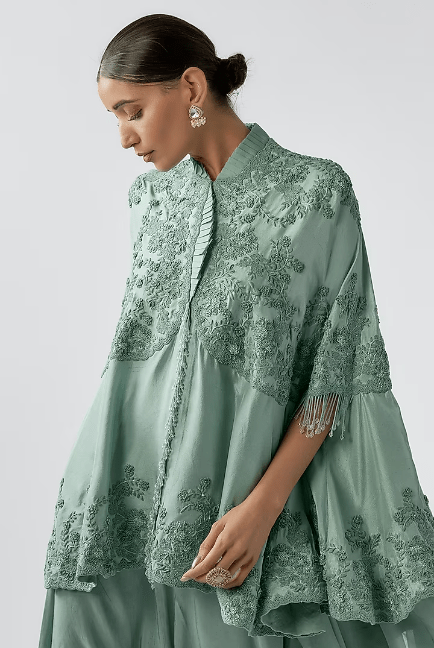 Powder Blue Dupion Embroidered Cape Set - Image 3