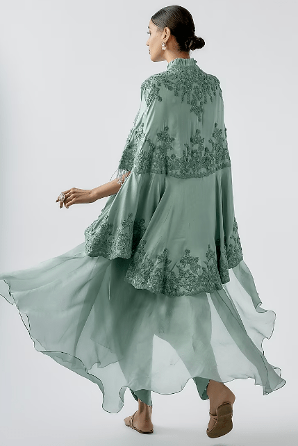 Powder Blue Dupion Embroidered Cape Set - Image 2