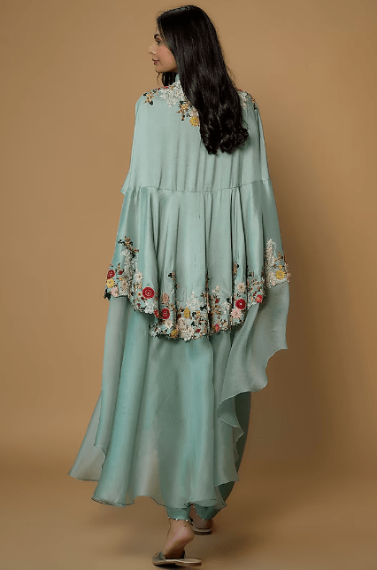 Powder Blue Dupion Embroidered Cape Set - Image 3