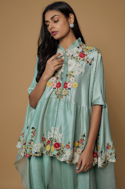 Powder Blue Dupion Embroidered Cape Set - Image 2