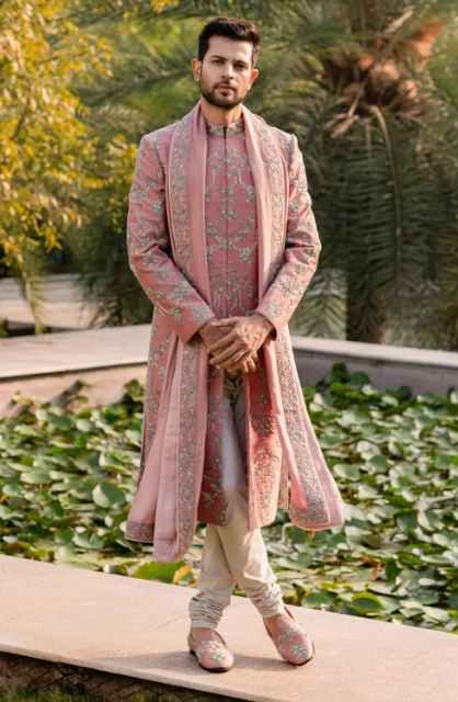 Peach zardosi embellished sherwani set