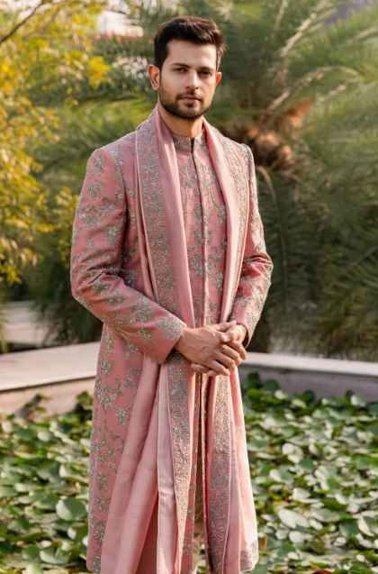 Peach zardosi embellished sherwani set - Image 2