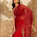 Red color raffle saree