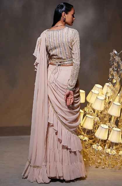 Beige Georgette Ruffle Saree Set - Image 2