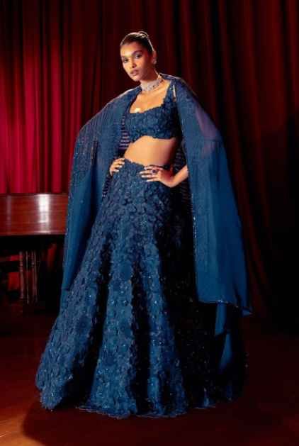 Navy blue 3-d embroidered lehenga set