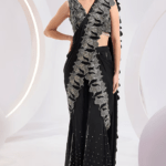 Black Chiffon Satin Hand & Machine Embroidered Sharara Pant Saree Set