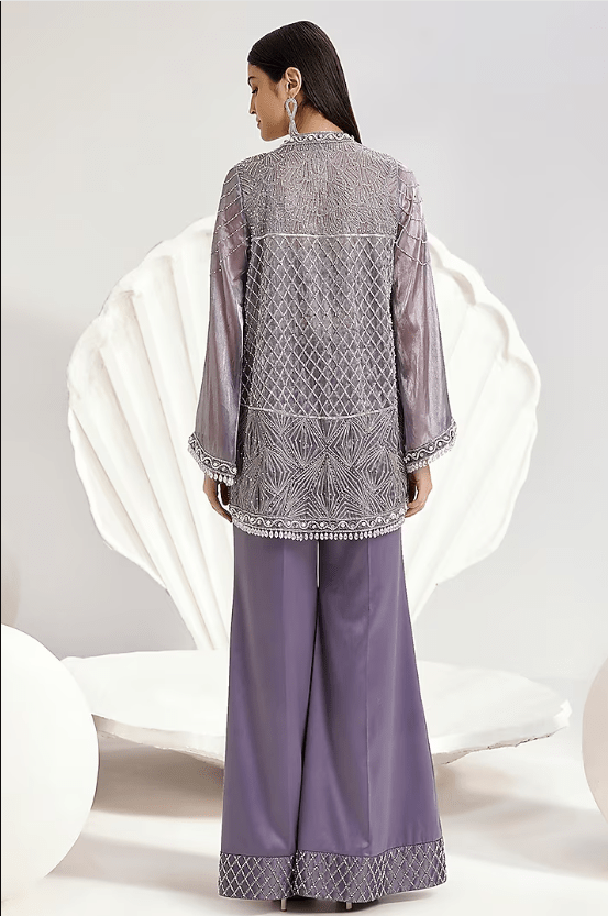 Lavender Metallic Organza Hand & Machine Embroidered Jacket Set - Image 2