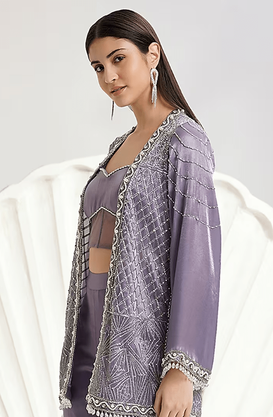 Lavender Metallic Organza Hand & Machine Embroidered Jacket Set - Image 3