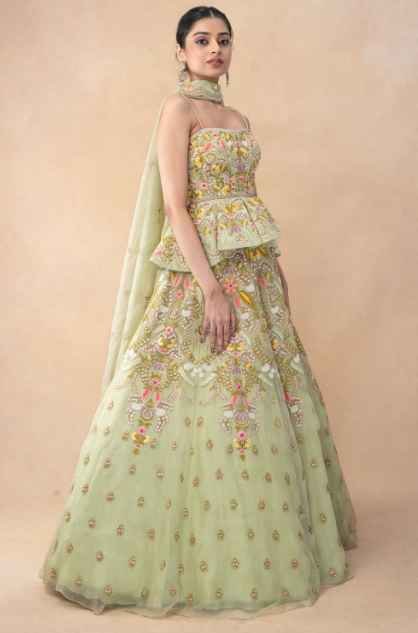 Green thread embellished peplum lehenga set - Image 2