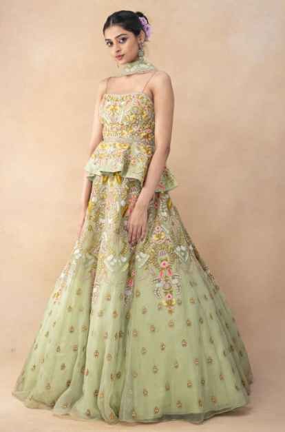 Green thread embellished peplum lehenga set - Image 3