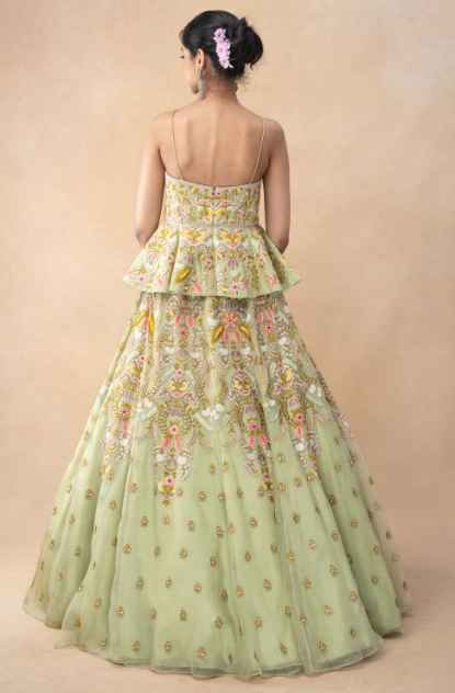 Green thread embellished peplum lehenga set - Image 5