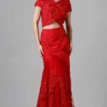 Scarlet Red Nylon & Polyester Embroidered Mermaid Skirt Set
