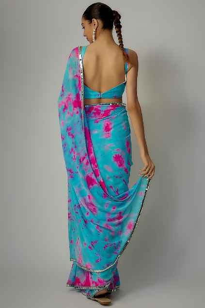 Blue & Pink Georgette Hand Tie-Dyed Saree Set - Image 2