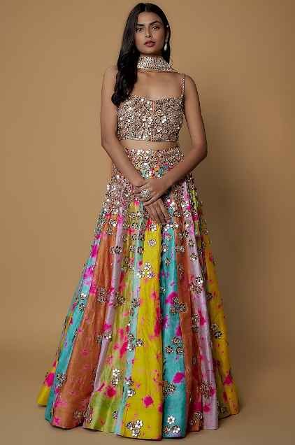 Multi-Colored Raw Silk Embroidered Lehenga Set
