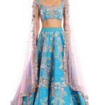 Cyan Blue Raw Silk Applique Embellished Lehenga Set