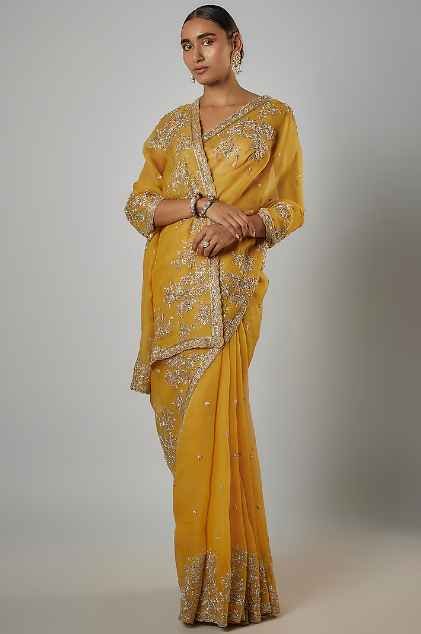 Lemon Yellow Organza Hand Embroidered Saree Set