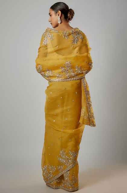 Lemon Yellow Organza Hand Embroidered Saree Set - Image 2