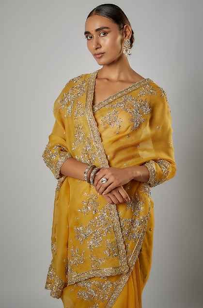 Lemon Yellow Organza Hand Embroidered Saree Set - Image 3