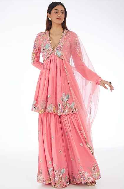 Bubblegum Pink Mulberry Crepe Applique Embellished Gharara Set