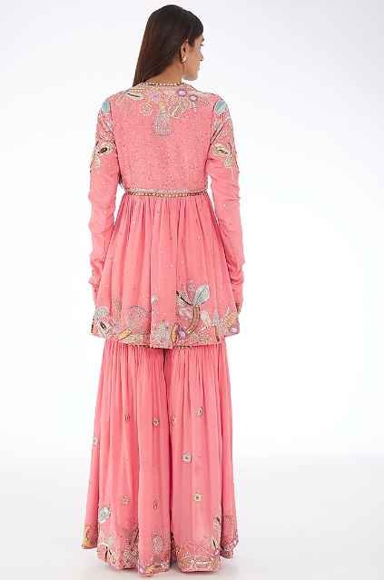 Bubblegum Pink Mulberry Crepe Applique Embellished Gharara Set - Image 2