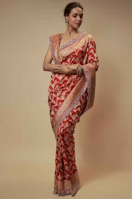 Red Banarasi Silk Zardosi Embroidered Saree Set
