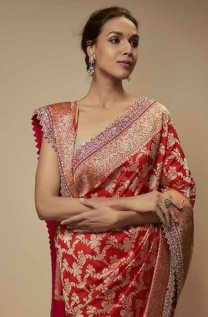 Red Banarasi Silk Zardosi Embroidered Saree Set - Image 3